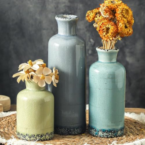 Ceramic Vase Set of 3, Flower Vases Home Decor, Neutral Pottery Rustic Farmhouse Decorative Vases Modern Decor for Table Mantel Entryway Bookshelf Living Room Kitchen Bedroom - Multicolor - color: 007 Rustic - Blue