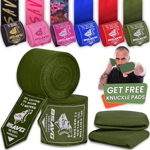 BeSAVAGE Hand Wraps 180 Inch Elastic Boxing Bandages with Knuckle Guards for Muay Thai, MMA, Kickboxing, Martial Arts, Punching Bag Training - Wrist & Knuckle Protection for Men, Women, Youth