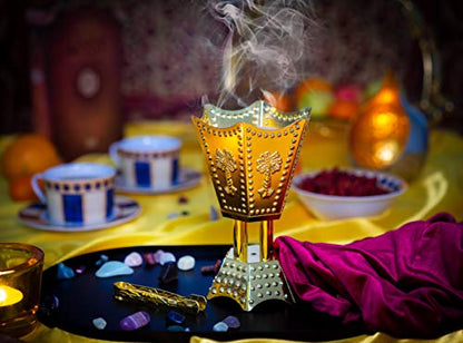 AM Bakhoor Electric Incense Burner - Oud Frankincense Resin Burner 6.5 Inches Tall (Hexagon) (Gold)