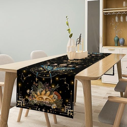 Gothic Moth Table Runner, Boho Gothic Sun Moon Phase Wildflower Mystical Witchy Farmhouse Coffee Table Runner for Home Kitchen Dining Patio Holiday Party 13x36in - color: Moth-5, size: W13''xL36''