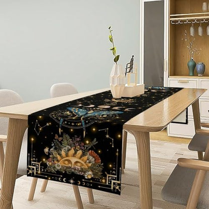 Gothic Moth Table Runner, Boho Gothic Sun Moon Phase Wildflower Mystical Witchy Farmhouse Coffee Table Runner for Home Kitchen Dining Patio Holiday Party 13x36in - color: Moth-5, size: W13''xL36''