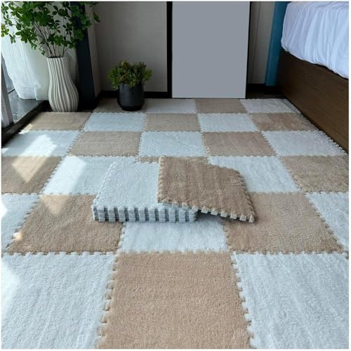 FYYSJW 10 Piece Plush Patchwork Foam Floor Mat, Soft Interlocking Floor Carpet Squares, Fluffy Puzzle Area Rug, 12 X 12 Inch,White+Khaki - color: White+khaki