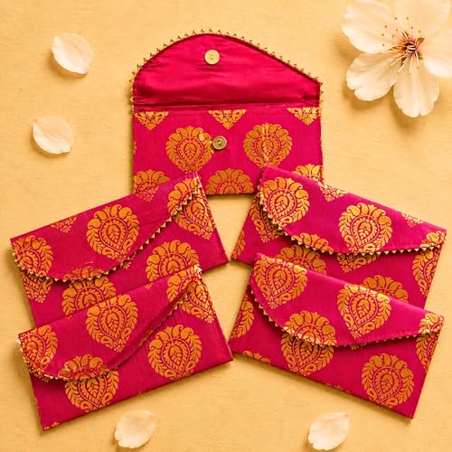 LoveNspire Brocade Fabric Money Envelopes (8 x 4 Inch) Decorative Floral Pattern Shagun Lifafa for Indian Wedding, Birthday | Cash Gift Holder & Home Savings Organizer Magenta/Pack of 10 - color: Floral Magenta, size: 1 Count (Pack of 10)