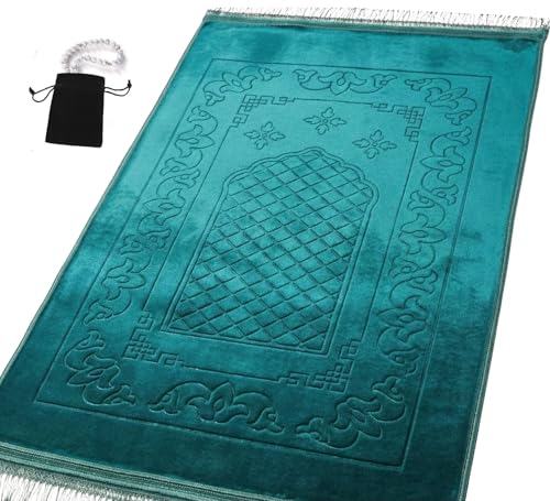 Islamika Prayer Mat Thick Islamic Muslim Rug - Padded mat Sajadah Men Women with Islam Prayer Beads for Eid Travel Ramadan, Soft and Padded (Green) - color: Green