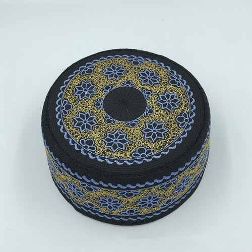 RUIXIA Men Boys Muslim Prayer Kufi Hat Skull Cap Embroidery Islam Kufi Headware takke Praying Beanie Hat Kofia Topi Hat - color: Blue/Gold/Black-adults