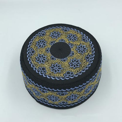 RUIXIA Men Boys Muslim Prayer Kufi Hat Skull Cap Embroidery Islam Kufi Headware takke Praying Beanie Hat Kofia Topi Hat - color: Blue/Gold/Black-adults