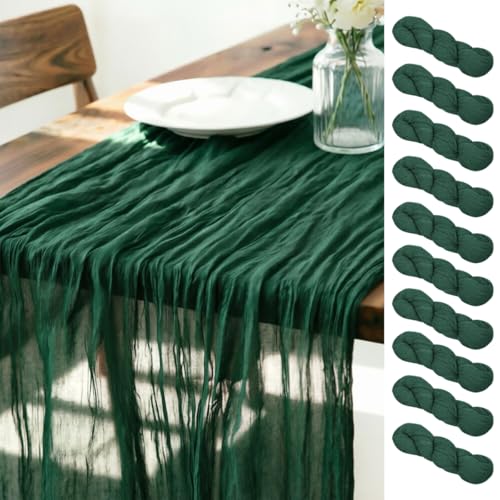 LINXTAR Emerald Green Cheesecloth Table Runner 10 Pack 120 Inches 10Ft Gauze Summer Boho Table Runner for Wedding Tea Party Baby Shower Bridal Birthday Home Decoration - color: Emerald Green, size: 10ft 10Pack
