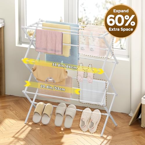 KINGBOARD Clothes Drying Rack, Collapsible Drying Rack Clothing with 11 Poles, 3-Tier Laundry Drying Rack, Small Clothes Drying Rack Foldable for Baby Clothes Sock Towel, 25lb Capacity, White - color: White