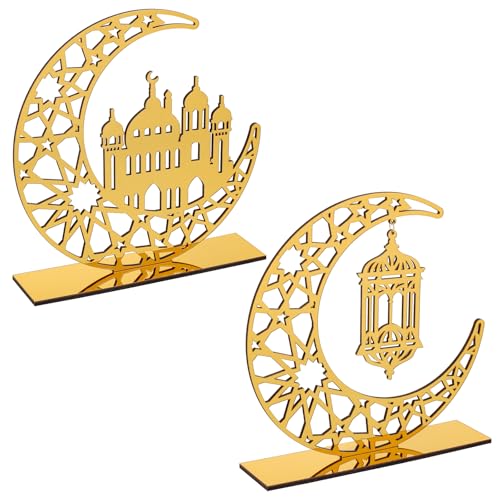 2 Pieces Acrylic Ramadan Decorations Islamic Eid Mubarak Kareem Table Sign Moon Hollow Star Ornament for Muslim Party Tabletop Decor Home Art Craft Decoration Golden Moon - style: House
