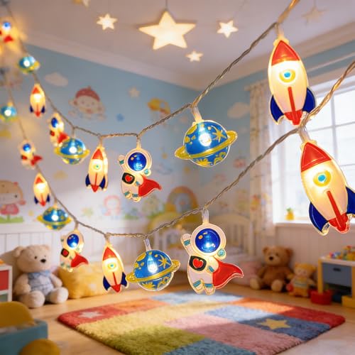 Astronaut String Lights,20 LEDs Space Theme 2 Lighting Modes Steady and Flashing Battery Powered for Kids Room Party Christmas Classroom Bedroom Decor - size: 3 meters, 20 lights