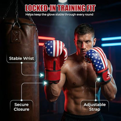 Boxing Gloves USA Flag Design for Men & Women 8oz-12oz – Muay Thai MMA Kickboxing Pro Training Sparring Gloves with Hook and Loop Wrist Support and Ventilation - size: 12 OZ
