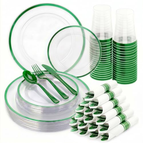 175pcs Plastic Plates for Party Clear & Green - color: Green, size: 175pcs（25guests）