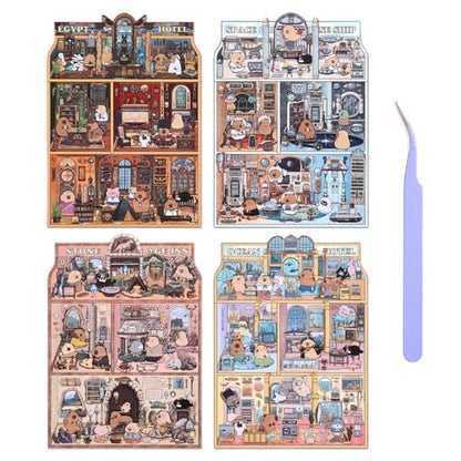 Girls 3D Miniature Scene Stickers,4 Sets Visit the Store DIY House Stickers for Space Cruise,Ocean Hotel,Egypt Hotel,Stone Age,Cute 3D Cartoon Sticker Scenes for Adult Kids Relief Stress Pass The Time - style: Travel Theme Hotel