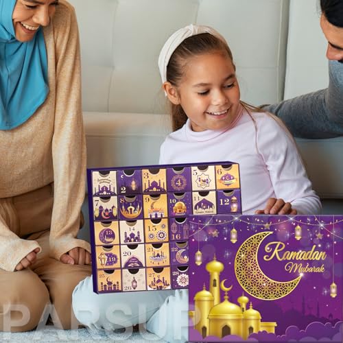 Ramadan Advent Calendar with Drawers, 30 Empty Boxes for 30 days, Eid Mubarak Coutdown Calendar Fillable Ramadan Gift, Islamic Art, Cardboard Number Storage Box, Ramadan Party Supplies - Purple