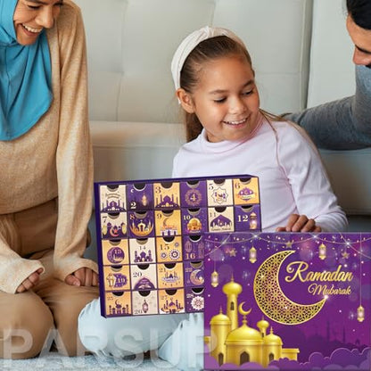 Ramadan Advent Calendar with Drawers, 30 Empty Boxes for 30 days, Eid Mubarak Coutdown Calendar Fillable Ramadan Gift, Islamic Art, Cardboard Number Storage Box, Ramadan Party Supplies - Purple