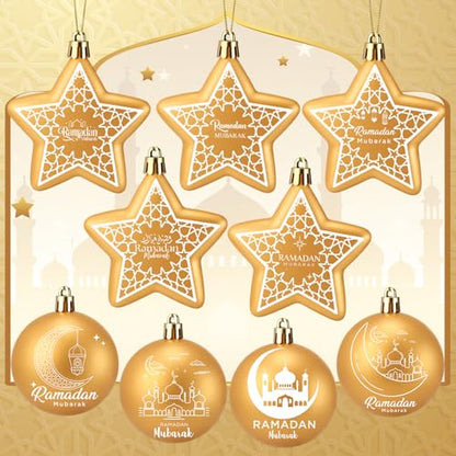 18 Pcs Eid Mubarak Decorations Ramadan Hanging Decorations Gold Moon Ornaments Plastic Eid Mubarak Hanging Balls Star Ramadan Islamic Decor for Home Window Islamic Muslim Tree Party Decor