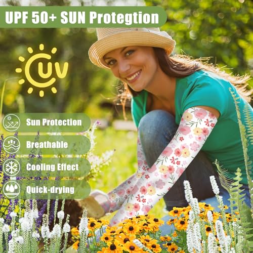 Bebila Gardening Sleeves for Women Farm UV Sun Protection Anti-Scratch Cooling Sleeves with Thumb Hole Arms Cover Outdoors - color: Pink Flowers