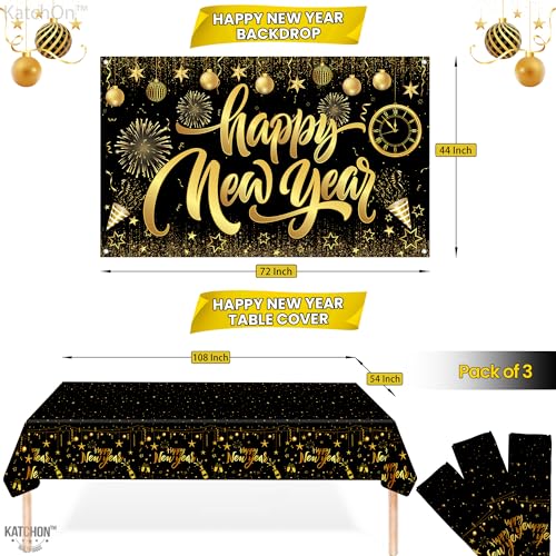 KatchOn, New Years Eve Plates and Napkins Set - Serve 25 Guest | Gold Fringe Curtain Backdrop, Happy New Year Banner | Gold Backdrop, New Years Plates and Napkins and Cups, Happy New Year Decorations