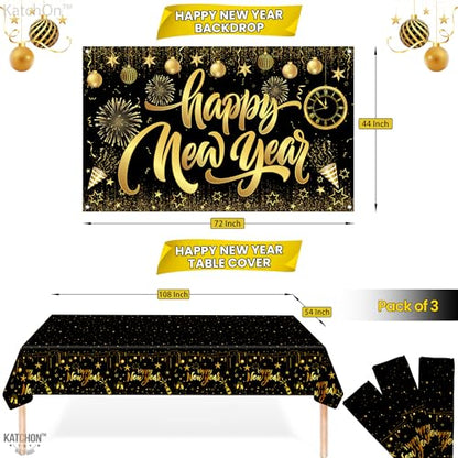 KatchOn, New Years Eve Plates and Napkins Set - Serve 25 Guest | Gold Fringe Curtain Backdrop, Happy New Year Banner | Gold Backdrop, New Years Plates and Napkins and Cups, Happy New Year Decorations