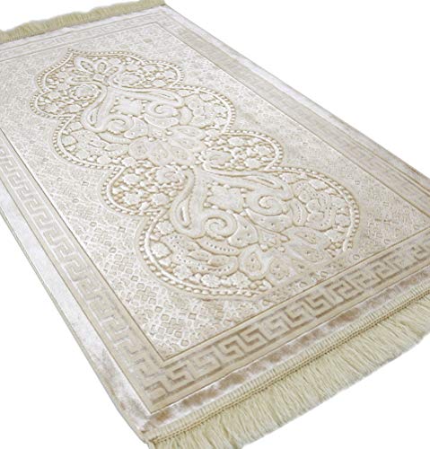 Modefa Luxury Velvet Prayer Rug with Prayer Beads | Soft Elegant Muslim Turkish Janamaz Sajada Carpet for Men and Women | Plain Solid Prayer Mat Ramadan Eid Gift - Paisley (Golden Ivory) - color: Golden Ivory