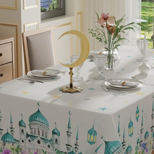 XCHI Castle Moons Stars Flowers Ramadan Mubarak Tablecloth Rectangle Table Cloth Table Covers for Indoor Dining Home Party Decorations 60x120 Inch - size: 120" x 60" (Rectangular)