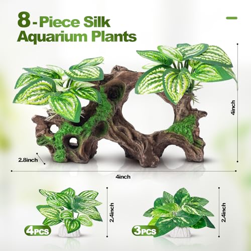 CousDUoBe 8 Pcs Fish Tank Decor，Silk Aquarium Plants Green Silk Leaf pad Hammock Artifical Driftwood cave Betta Fish Tank Accessories 7 x 2.8 x 4 inches(LxWxH) - size: 8 Pcs Silk Aquarium Plants（Style C）