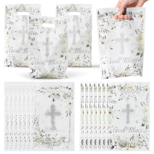ANGOLIO 50Pcs First Communion Party Favor Bags - Silver White Cross Floral Design Treat Bags with Handles for Candy, Baptism & Religious Celebrations - color: White Sliver