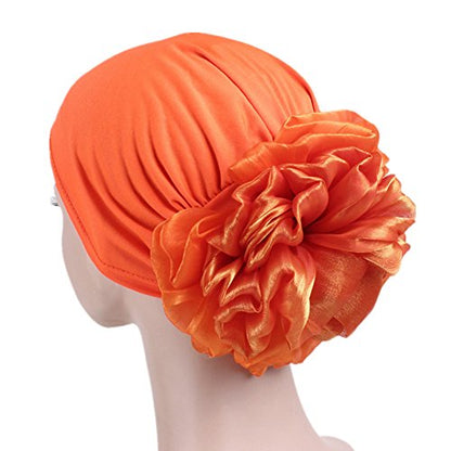 Women Flower Elastic Turban Beanie Head Scarf wrap Chemo Cap hat for Cancer Patient - color: Orange