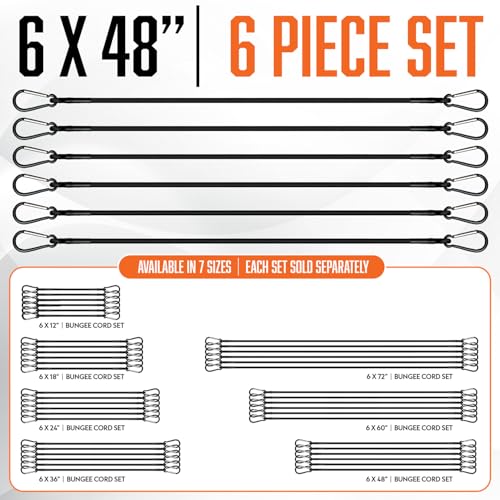 Bungee Cords with Carabiner Hooks 48 Inch - 6Pcs Heavy Duty Outdoor | UV & Weather Resistant Strong Bungie Chords - Black Bunjee Straps with Clips 4 foot - Long Bungy Cord Set 200lb Strength - size: Black 48" (6 Piece)