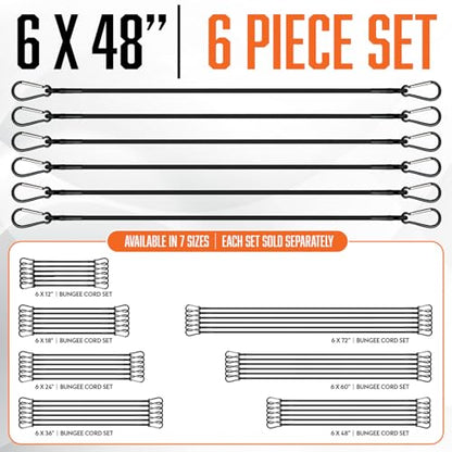 Bungee Cords with Carabiner Hooks 48 Inch - 6Pcs Heavy Duty Outdoor | UV & Weather Resistant Strong Bungie Chords - Black Bunjee Straps with Clips 4 foot - Long Bungy Cord Set 200lb Strength - size: Black 48" (6 Piece)