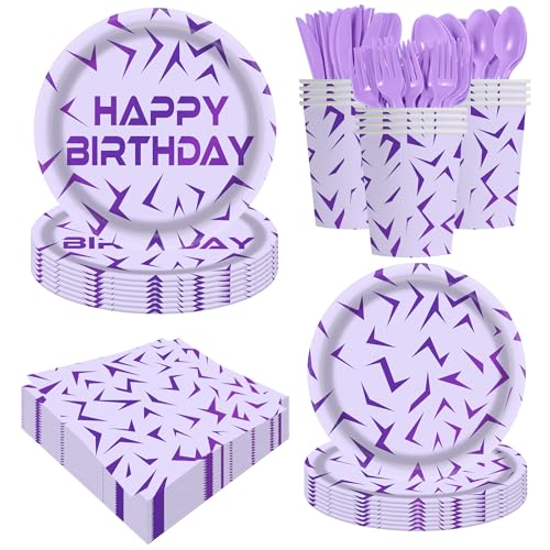 Purple Party Plates Set 140 Pieces, 20 Guests Heavy-Duty Disposable Dinnerware Set Includes Purple Holographic Laser Energy Pattern Plates, for Birthday Wedding for Party - size: Demon Hunter - 140pcs