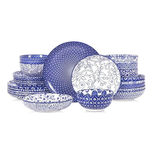 Selamica Ceramic Plates and Bowls Sets,24 Pieces Dinnerware Sets for 6,Scratch Resistant Dish Set for holiday gathering, Dishwasher & Microwave Safe, Vintage Blue - color: Vintage Blue, size: Service for 6 (24 Pcs)