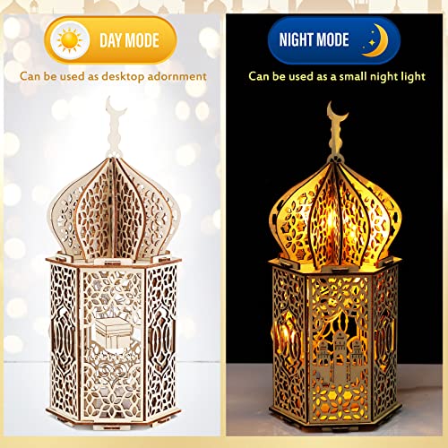 Jetec 5 Pcs Eid Ramadan Mubarak Decoration Large Size 14'' 10'' 10'' Ramadan Lantern Light 7'' Wooden Eid Mubarak Table Sign Hollow Moon Star Design Ramadhan Decoration for Home Islam Muslim Decor