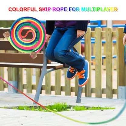 Long Jump Rope for Kids 16 FT Adjustable Skipping Rope Multiplayer Rainbow Jumping Rope with Wooden Ball Handle for School and Outdoor Activities