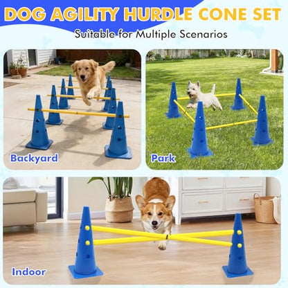 Wdmiya 18.9" Dog Agility Training Hurdle Cone Set with Adjustable Crossbar | Dog Agility Course Backyard Set, Dog Agility Equipment for Obedience, Rehabilitation, Starter - 12 Cones & 6 Poles