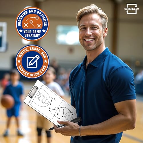 Basketball Dry Erase Coaching Clipboard 15x9 Double Sided Game Board | Wipes Clean No Residue, Double Sided Full Court and Scorebox, Youth to Pro Coaches, Sturdy Surable Lightweight