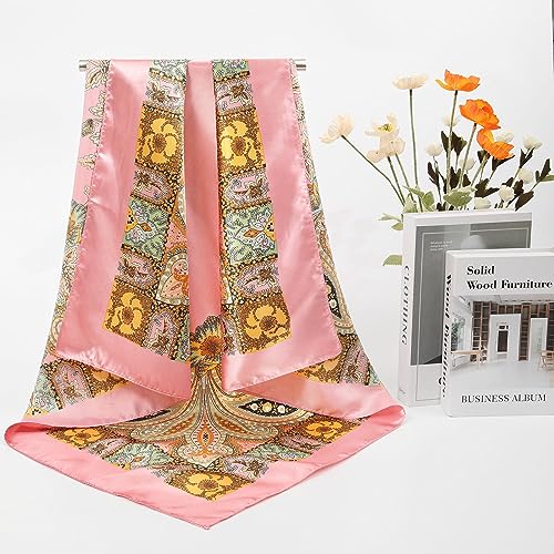 AWAYTR 35” Large Satin Square Head Scarf - 2Pcs Silk Like Floral Head Scarves Square Satin Hair Scarf Bandanas for Women - color: Cashew(pink+black)