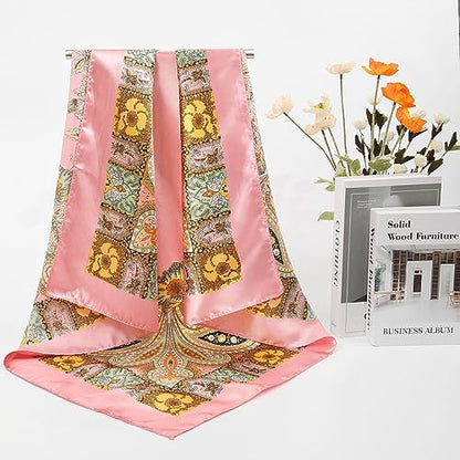 AWAYTR 35” Large Satin Square Head Scarf - 2Pcs Silk Like Floral Head Scarves Square Satin Hair Scarf Bandanas for Women - color: Cashew(pink+black)
