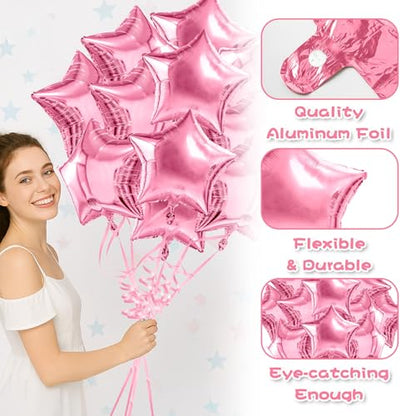 Pink Balloons Star Balloons Pink Foil Balloon Set Mylar Helium Metallic 12pcs 18 Inch Birthday Decorations Room Decor 2026 Party Decorations Baby Shower Anniversary Wedding - style: Pink
