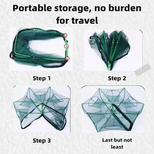 8 Hole 8 Side Foldable Fishing Net - Ideal for Fish, Crab, Shrimp & Crawdad | 32" Expanded Large Space with 6m Nylon Rope, Portable & Easy to Store