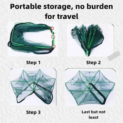8 Hole 8 Side Foldable Fishing Net - Ideal for Fish, Crab, Shrimp & Crawdad | 32" Expanded Large Space with 6m Nylon Rope, Portable & Easy to Store