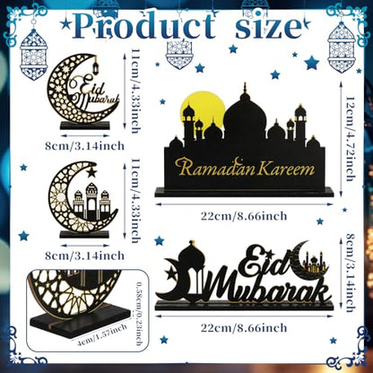 GlikCeil 4 Pcs Eid Al Adha Wooden Table Centerpieces Moon and Star Ramadan Wood Sign Eid Mubarak Tabletop Decor Islamic Mosque Muslim Al Fitr Black Gold Detachable Tiered Tray Decor for Home