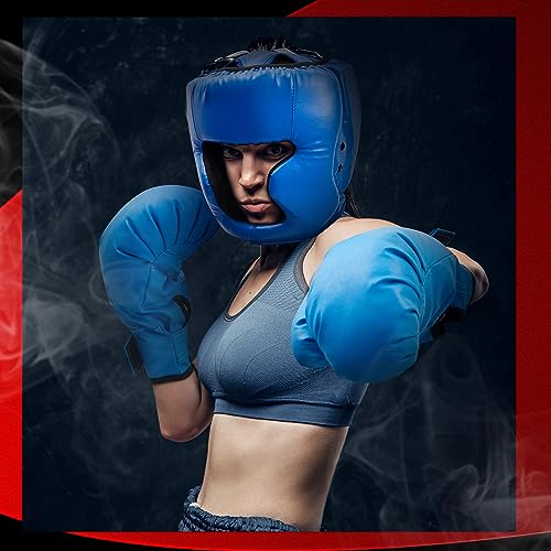 Kanayu 3 Pieces Boxing Headgear and 3 Pairs Gloves Set Shockproof Leather Boxing Helmet Safety Head Guard Punching Bag Gloves for Men Women Youth Beginners - color: Black, Blue, Red