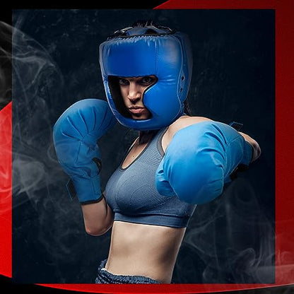 Kanayu 3 Pieces Boxing Headgear and 3 Pairs Gloves Set Shockproof Leather Boxing Helmet Safety Head Guard Punching Bag Gloves for Men Women Youth Beginners - color: Black, Blue, Red