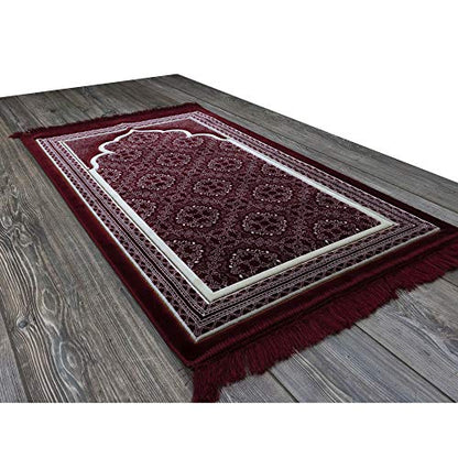 Modefa Turkish Islamic Prayer Rug - Soft Velvet Janamaz Praying Carpet - Comfortable Muslim Praying Mat for Men & Women - Ramadan or Eid Gift - with Kufi Prayer Cap - Elegant Swirl (Red) - color: Red