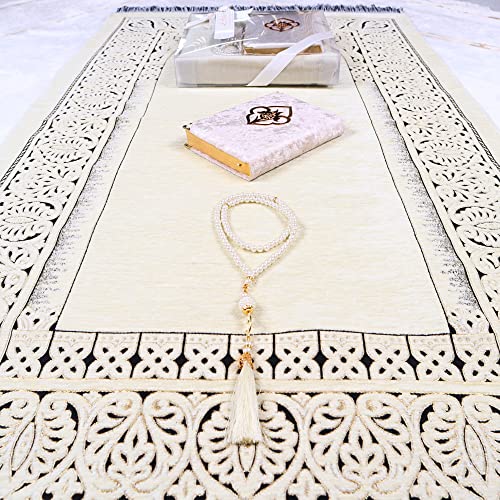 IEF Personalized Prayer Rug Quran Prayer Beads Islamic Gift Set, Ramadan Eid Wedding Birthday Mother's Day Father's Day Anniversary Day Gifts - color: Beige