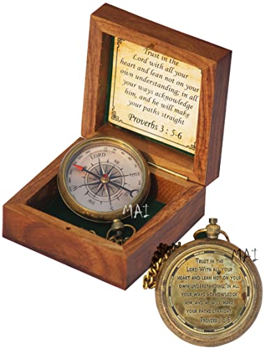 Trust in The Lord with All Your Heart - Proverbs 3:5-6 Quote Engraved Compass with Wooden Box, Graduation Day Religious Gifts for Men Women Girls Boys