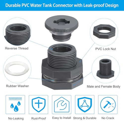 PATIKIL PVC Bulkhead Fitting with Plug NPT 3/4", 2 Pack Bulkhead Water Tank Connector with Silicone Seal Gasket Garden Hose Fitting with Plug for Rain Bucket, Sinks, Aquariums, Gray