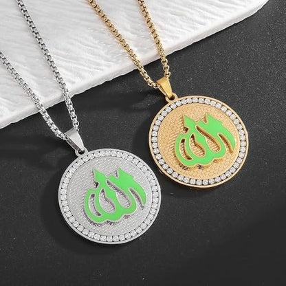 Stainless Steel Islamic Muslim Rune Allah Medal Pendant Necklace for Men Women Fashion Lucky Amulet Jewelry - color: golden