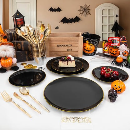MirthMood 350Pcs Black and Gold Disposable Plates,Black Plates, Black and Gold Plates Include 30 Dinner,Dessert Plate,30 Cup&30 Napkins, 90 Gold Silverware for Wedding & Party & Birthday - color: Black, size: 350